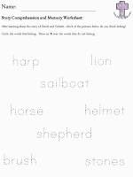David and Goliath Story Comprehension and Memory Worksheets - printing practice version